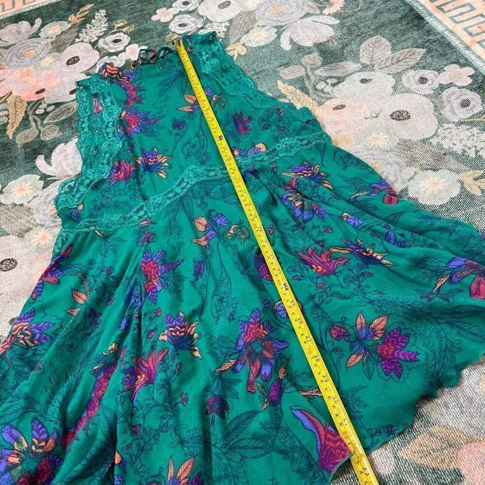 Free People Floral Oversized Mini Slip Dress Turquoise Green XS She Moves Boho